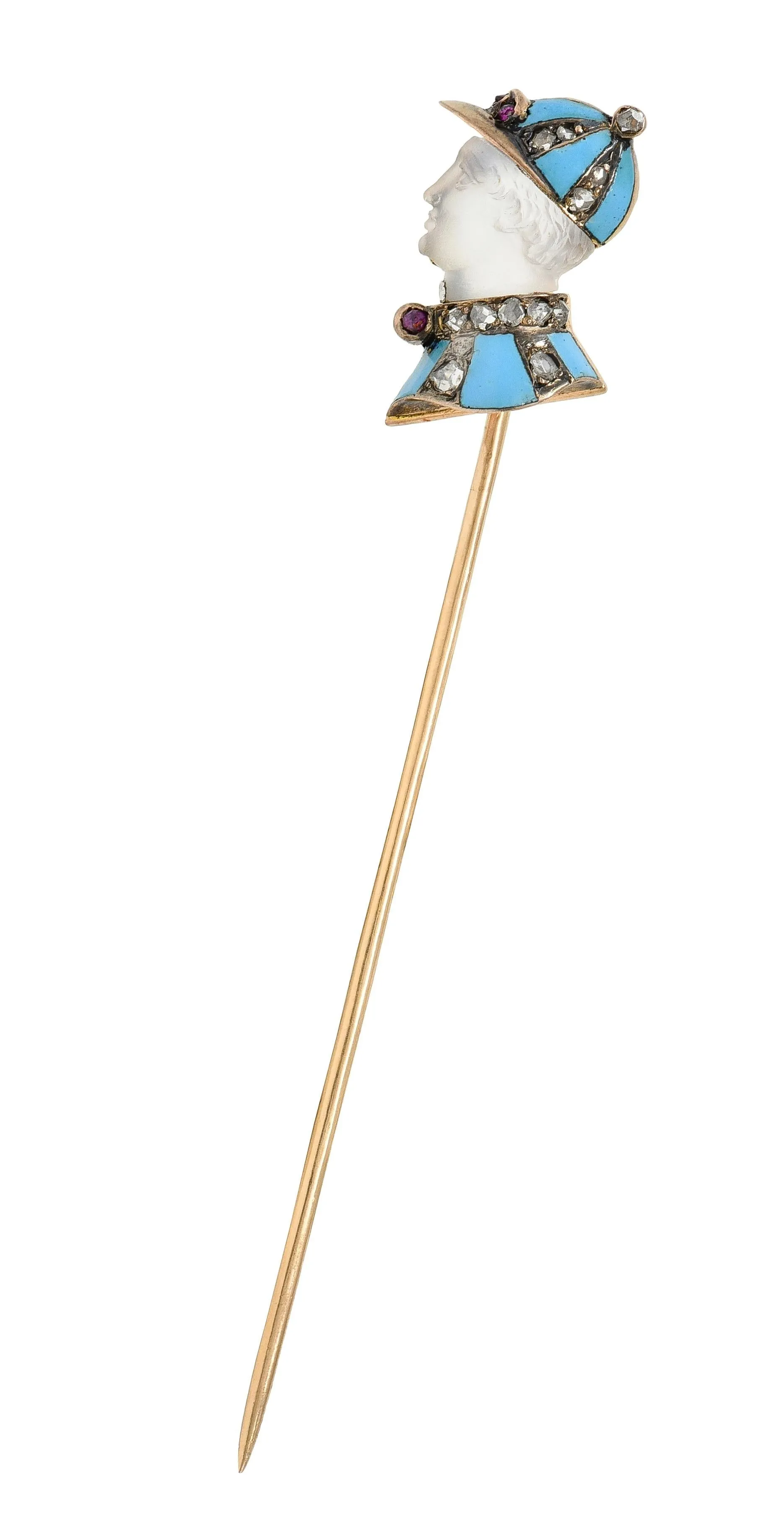 Edwardian Carved Moonstone Ruby Diamond Enamel Silver 14 Karat Gold Jockey Antique Stickpin