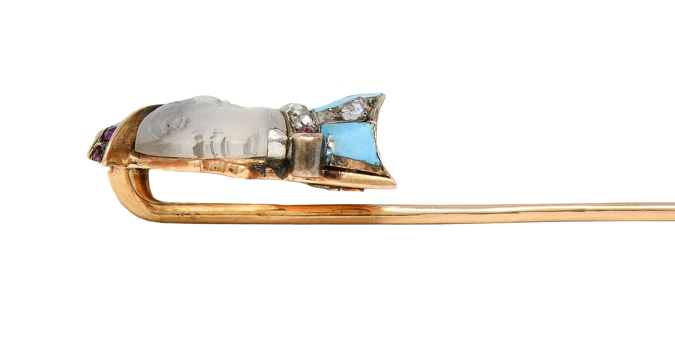 Edwardian Carved Moonstone Ruby Diamond Enamel Silver 14 Karat Gold Jockey Antique Stickpin