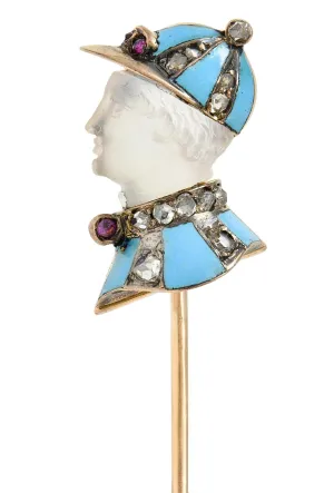 Edwardian Carved Moonstone Ruby Diamond Enamel Silver 14 Karat Gold Jockey Antique Stickpin