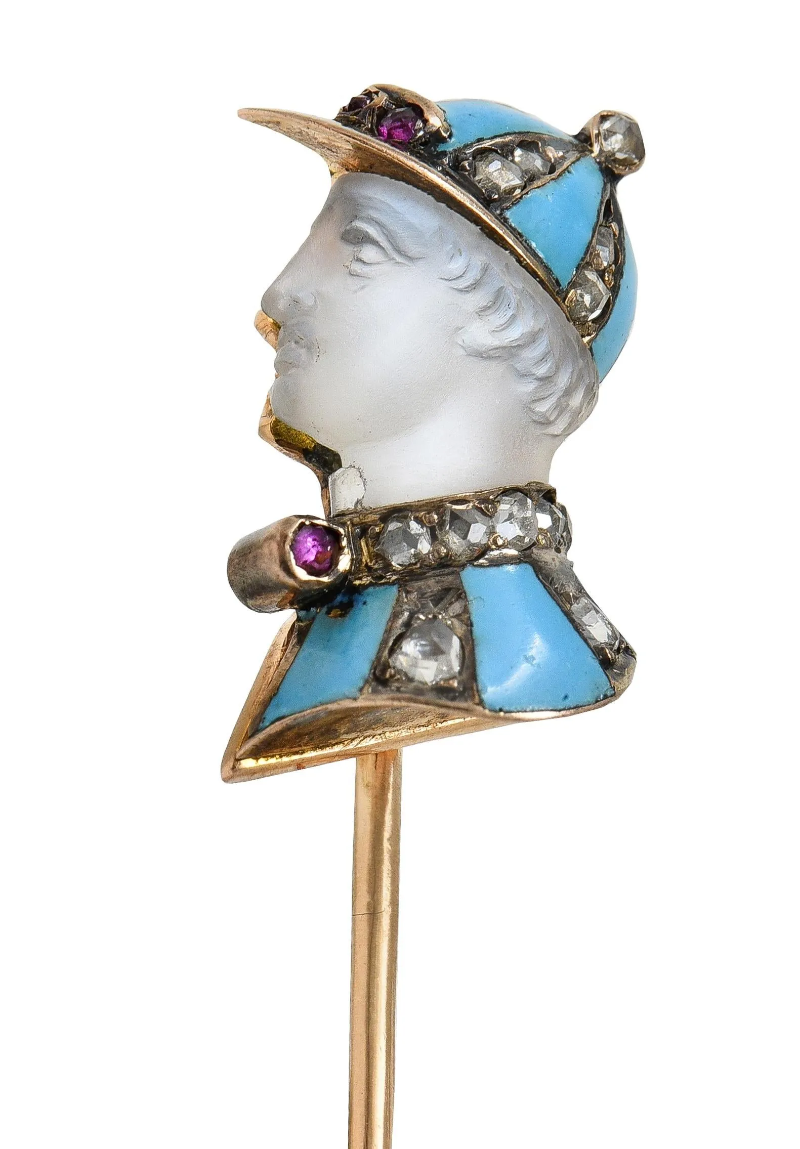 Edwardian Carved Moonstone Ruby Diamond Enamel Silver 14 Karat Gold Jockey Antique Stickpin