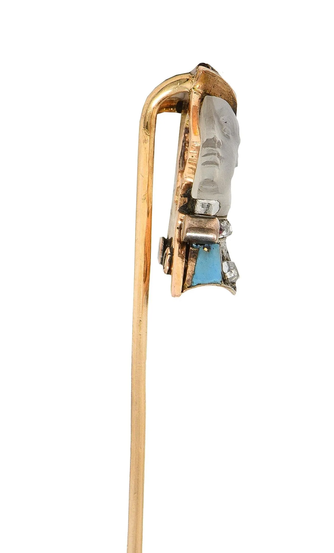Edwardian Carved Moonstone Ruby Diamond Enamel Silver 14 Karat Gold Jockey Antique Stickpin