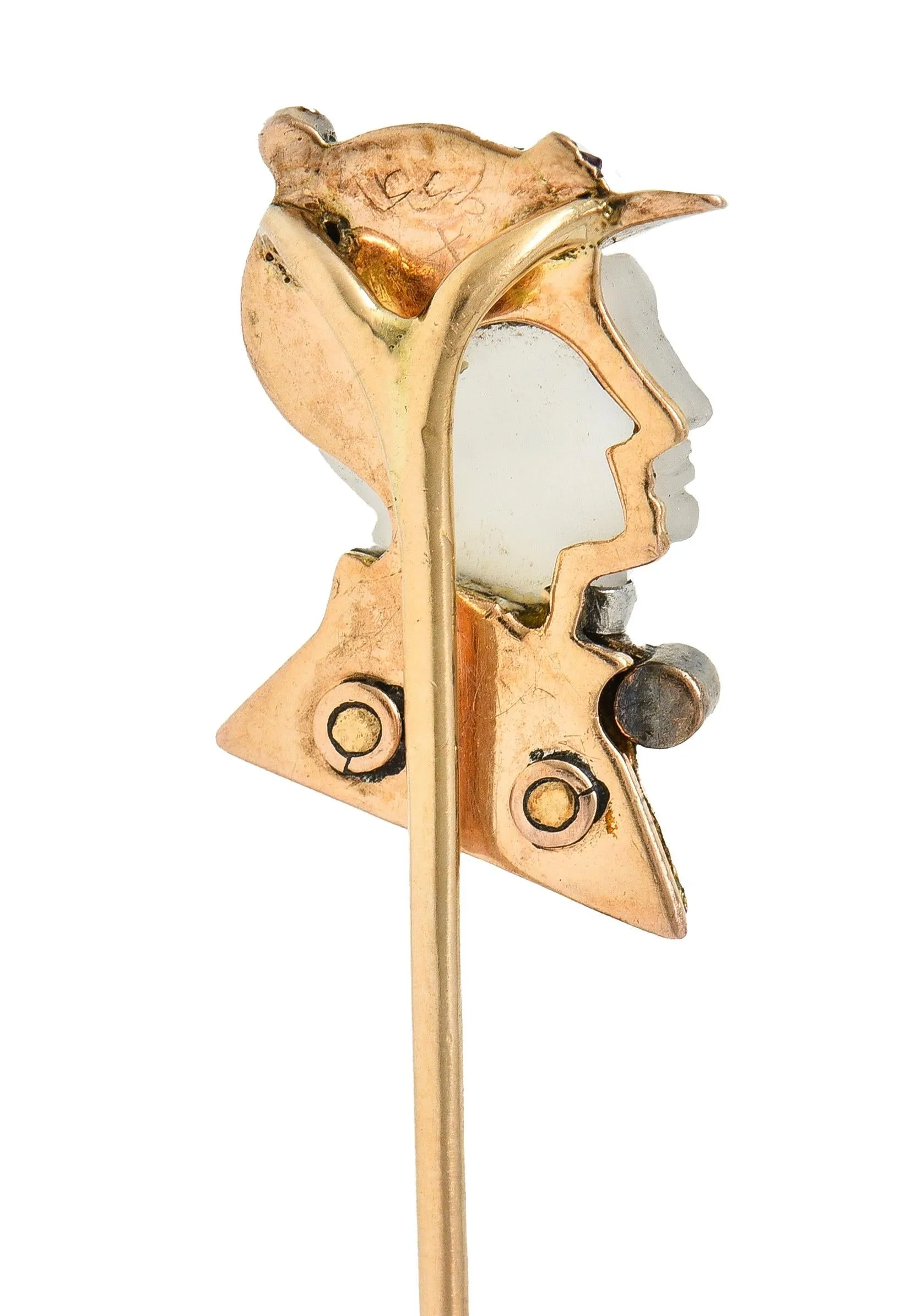 Edwardian Carved Moonstone Ruby Diamond Enamel Silver 14 Karat Gold Jockey Antique Stickpin