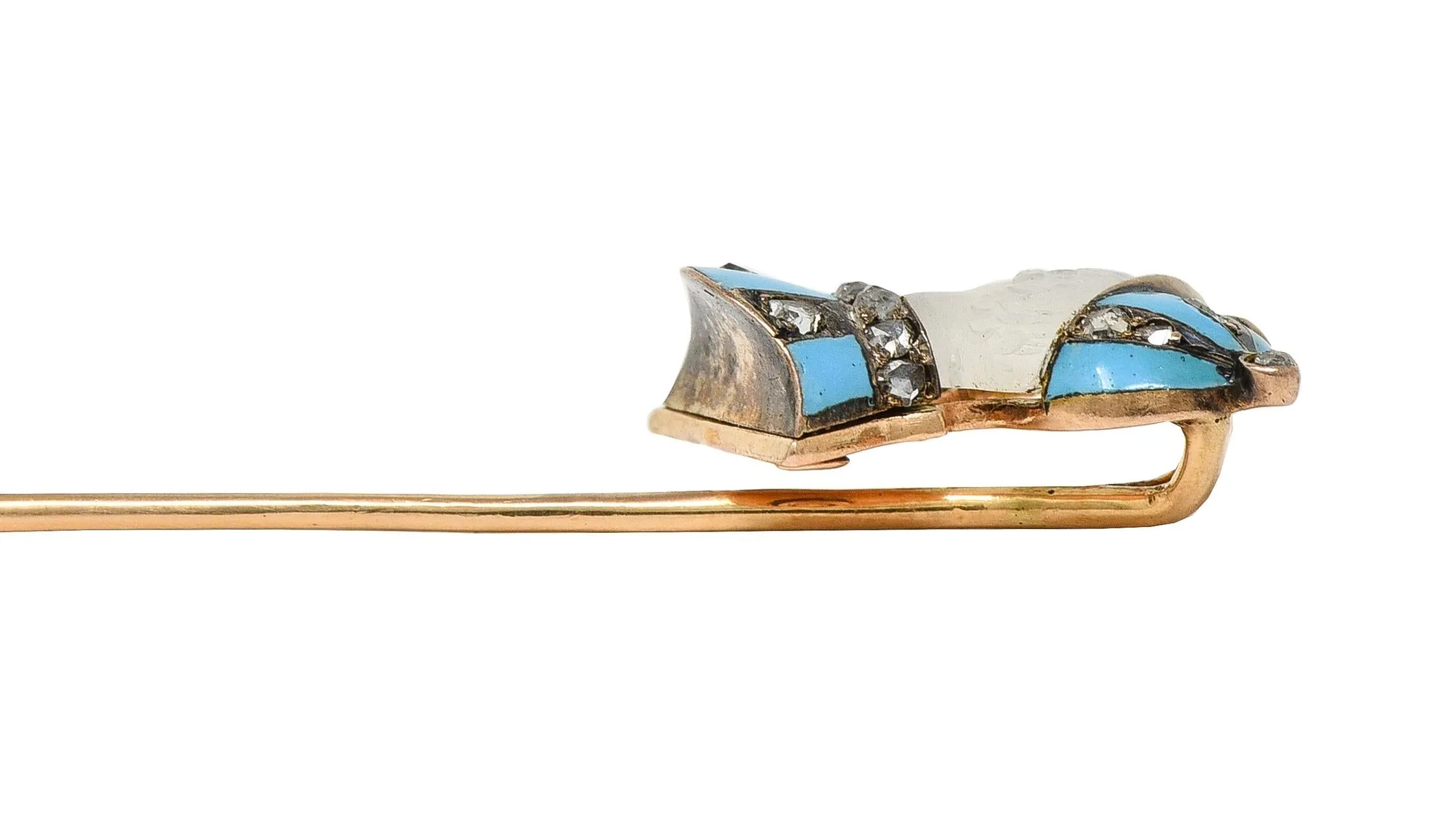 Edwardian Carved Moonstone Ruby Diamond Enamel Silver 14 Karat Gold Jockey Antique Stickpin