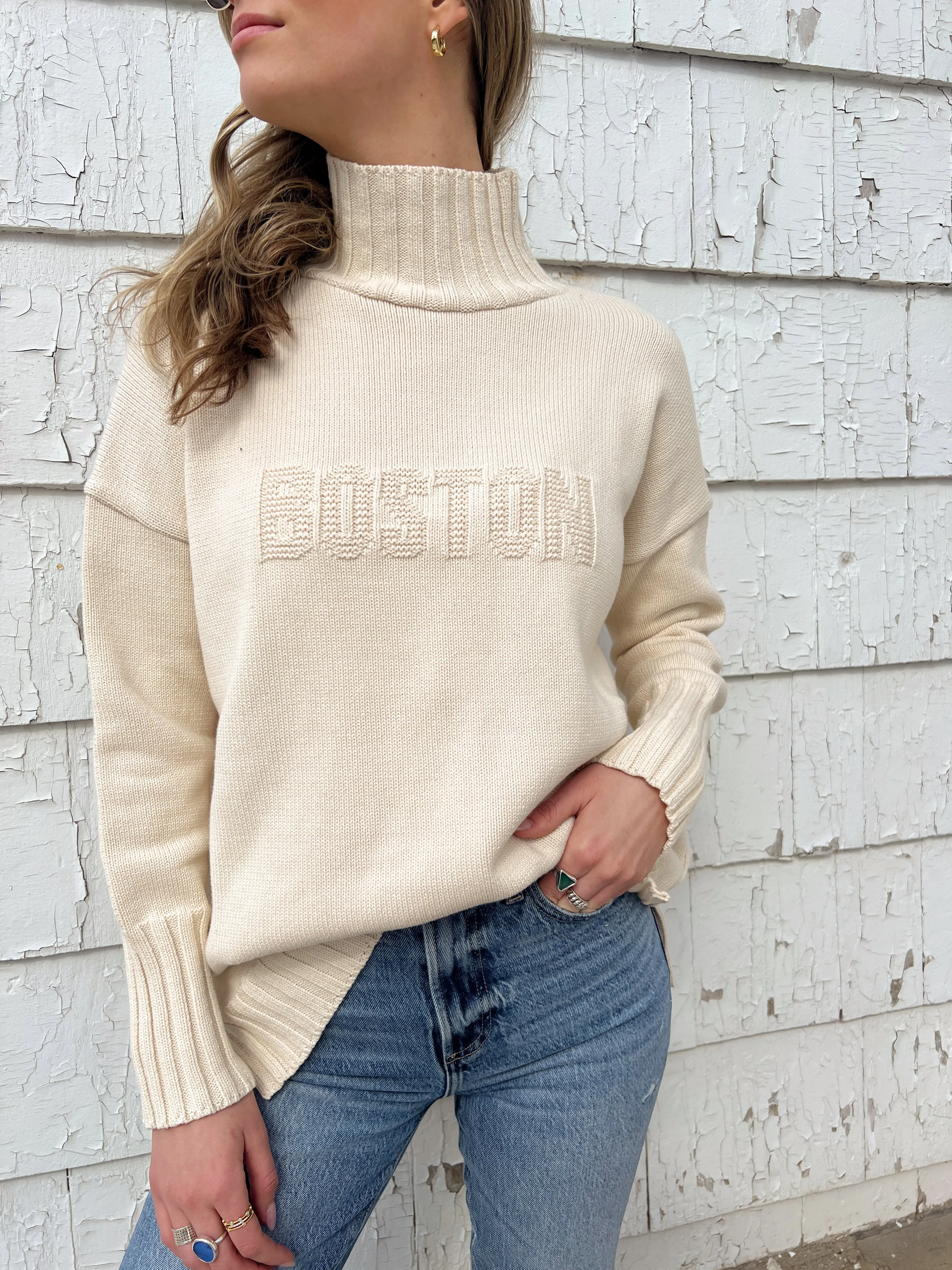 Embossed Jacquard Turtleneck Tunic - Boston/ Natural