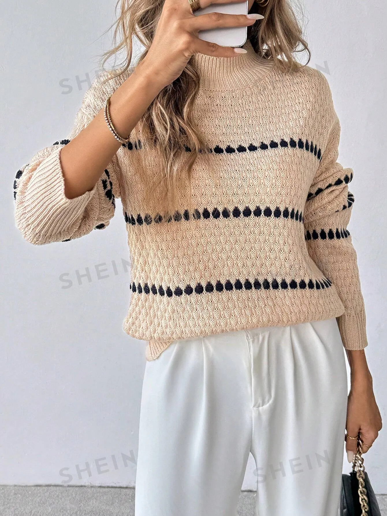 Essnce Women's Loose Fit Striped Round Neck Drop Shoulder Long Sleeve Casual Sweater, Autumn/Winter , Apricot Sweater