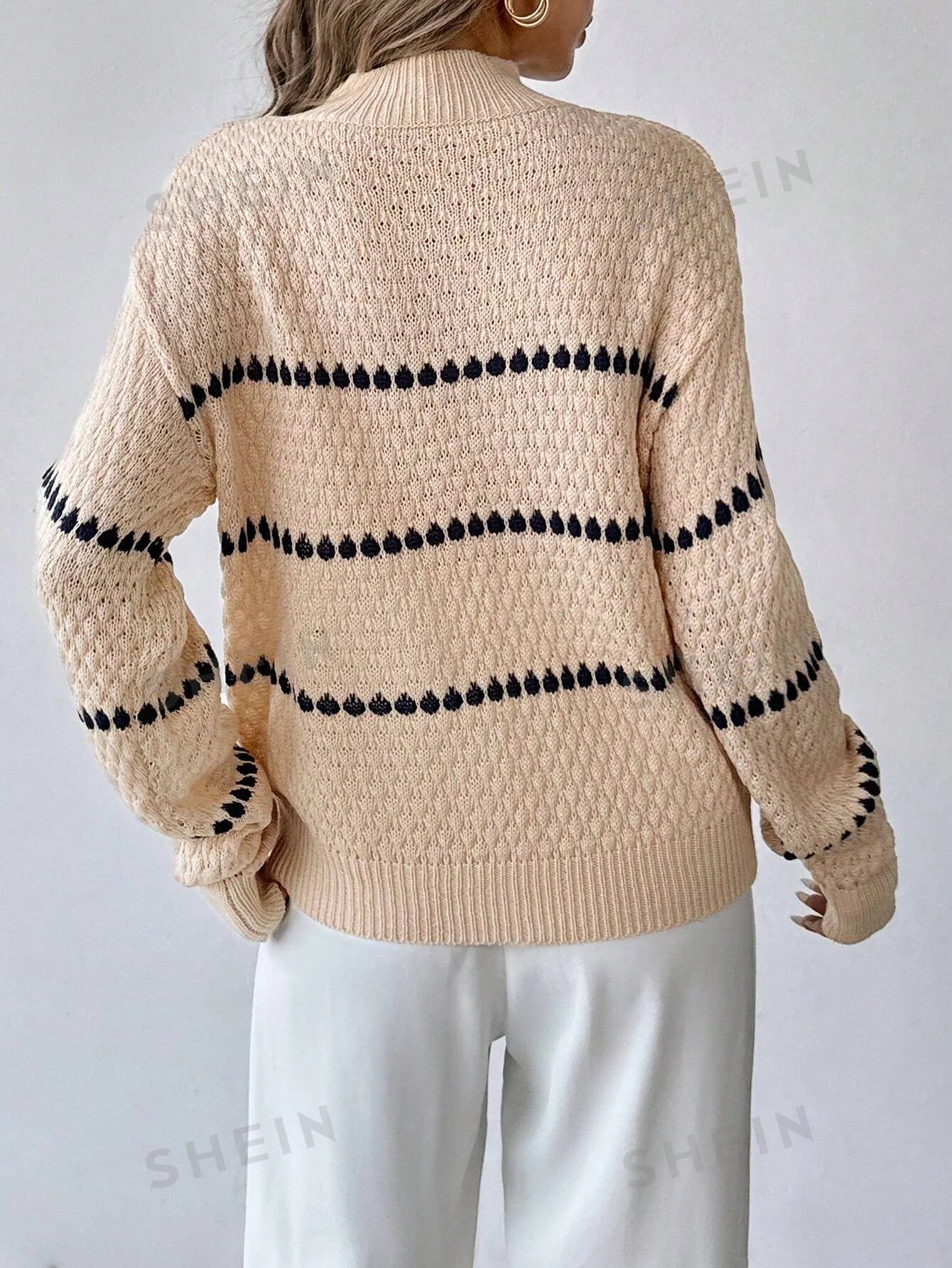 Essnce Women's Loose Fit Striped Round Neck Drop Shoulder Long Sleeve Casual Sweater, Autumn/Winter , Apricot Sweater
