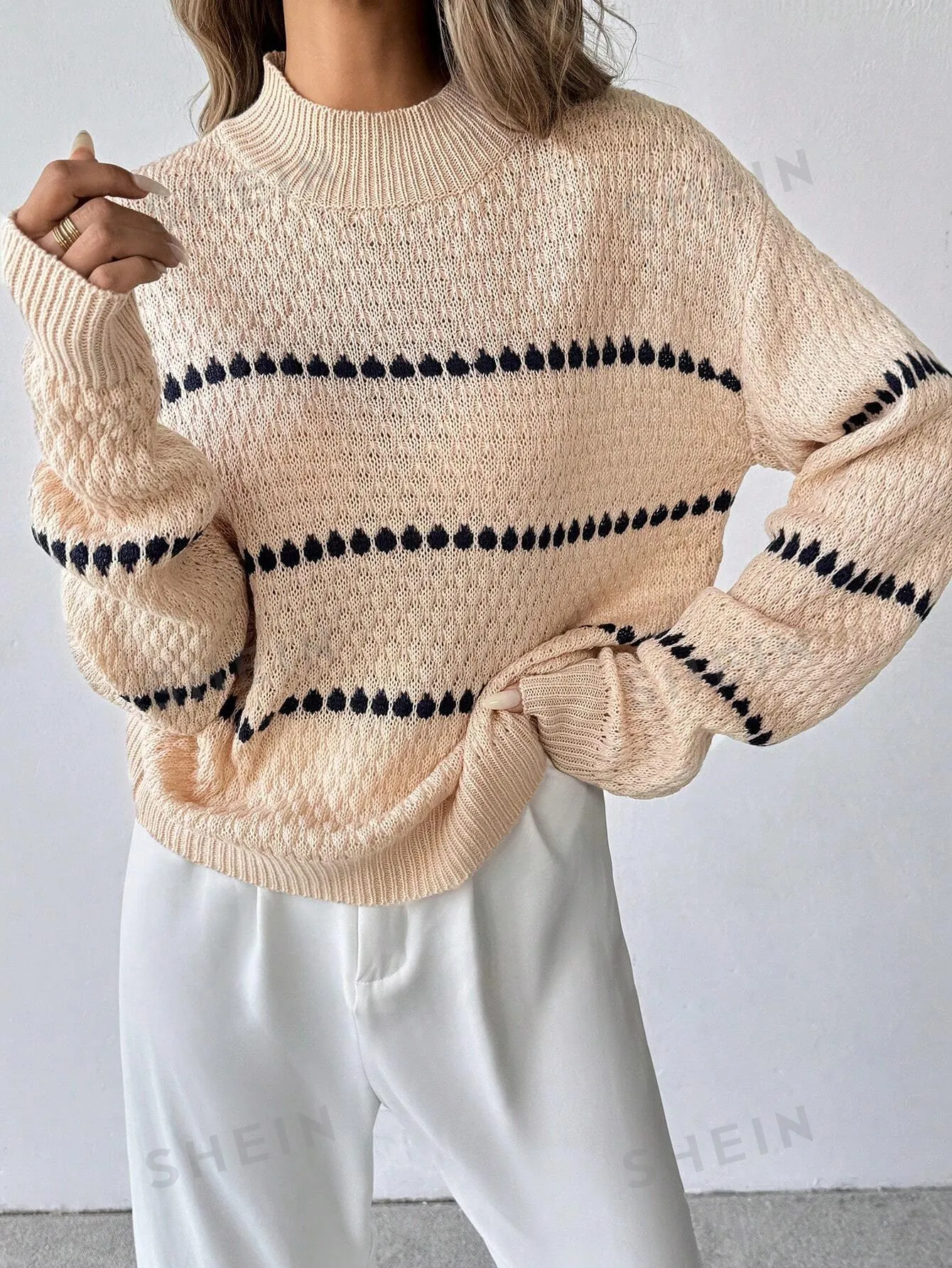 Essnce Women's Loose Fit Striped Round Neck Drop Shoulder Long Sleeve Casual Sweater, Autumn/Winter , Apricot Sweater