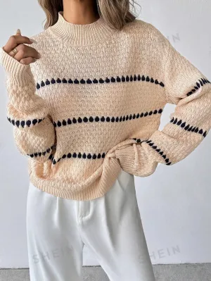 Essnce Women's Loose Fit Striped Round Neck Drop Shoulder Long Sleeve Casual Sweater, Autumn/Winter , Apricot Sweater