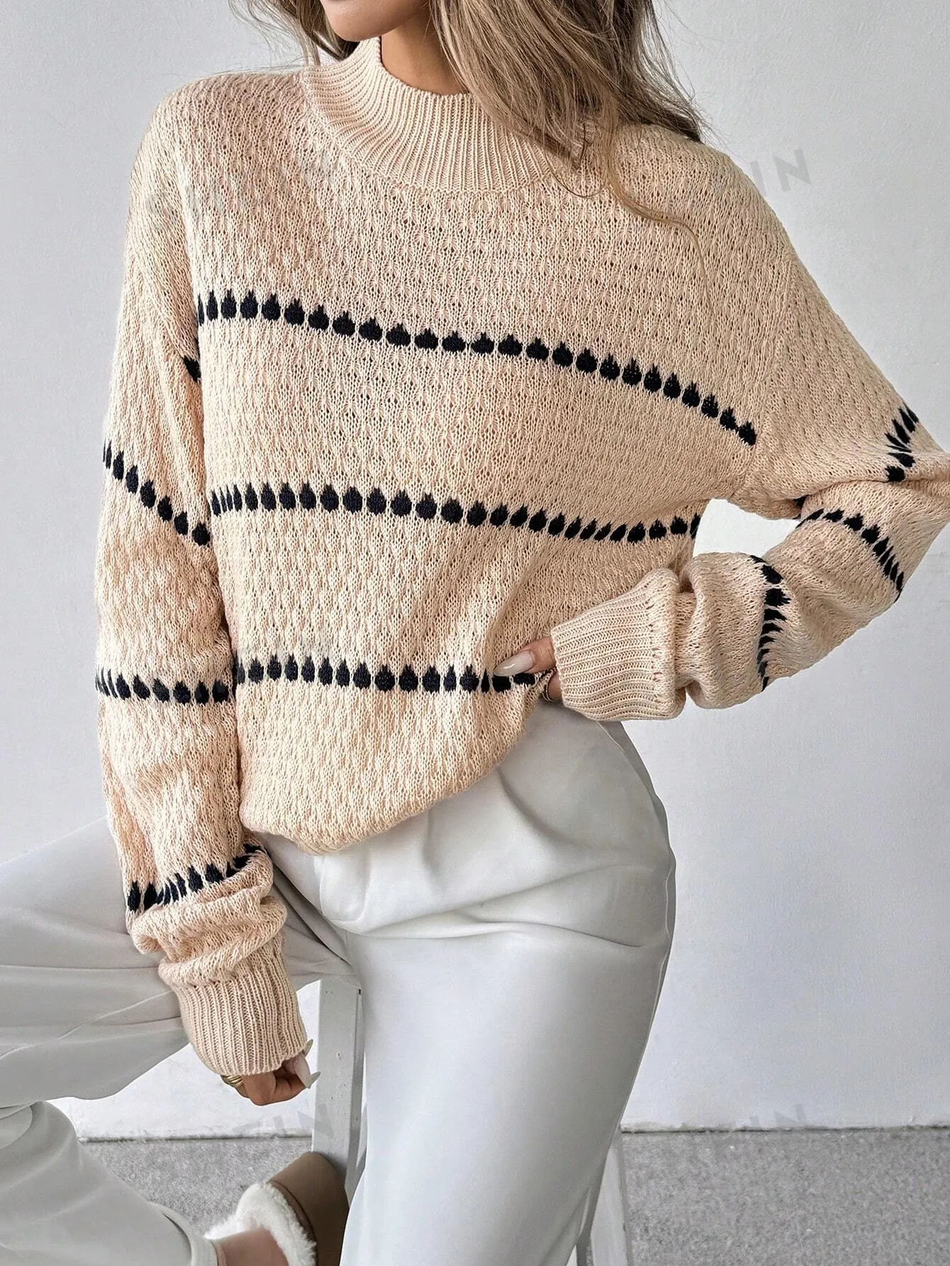 Essnce Women's Loose Fit Striped Round Neck Drop Shoulder Long Sleeve Casual Sweater, Autumn/Winter , Apricot Sweater