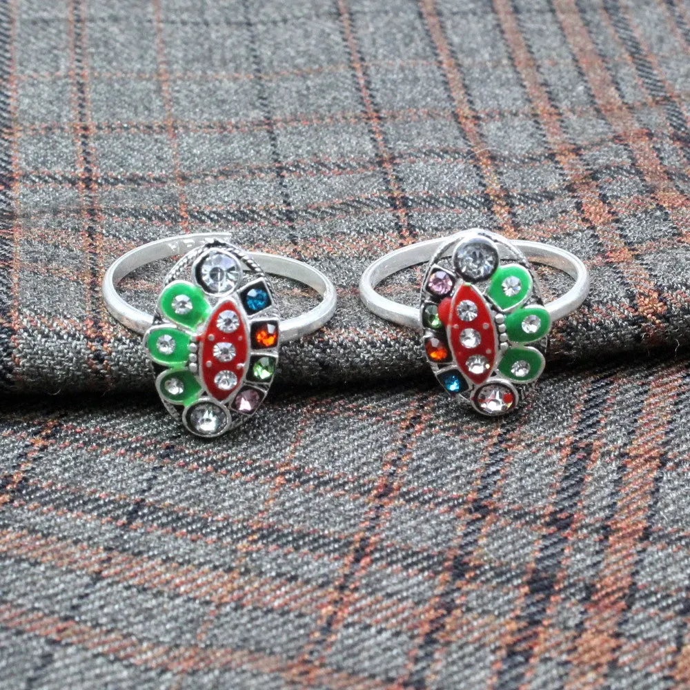 Ethnic wedding Style Handmade Crystal Enamel Toe Rings Pair Real Solid Silver