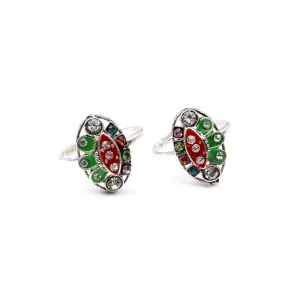 Ethnic wedding Style Handmade Crystal Enamel Toe Rings Pair Real Solid Silver