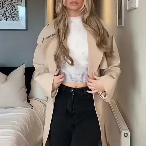 [Express Ship] PLT Beige Belted Double Breasted Trench Coat Size 6 SHIP NOW 🎀✈️