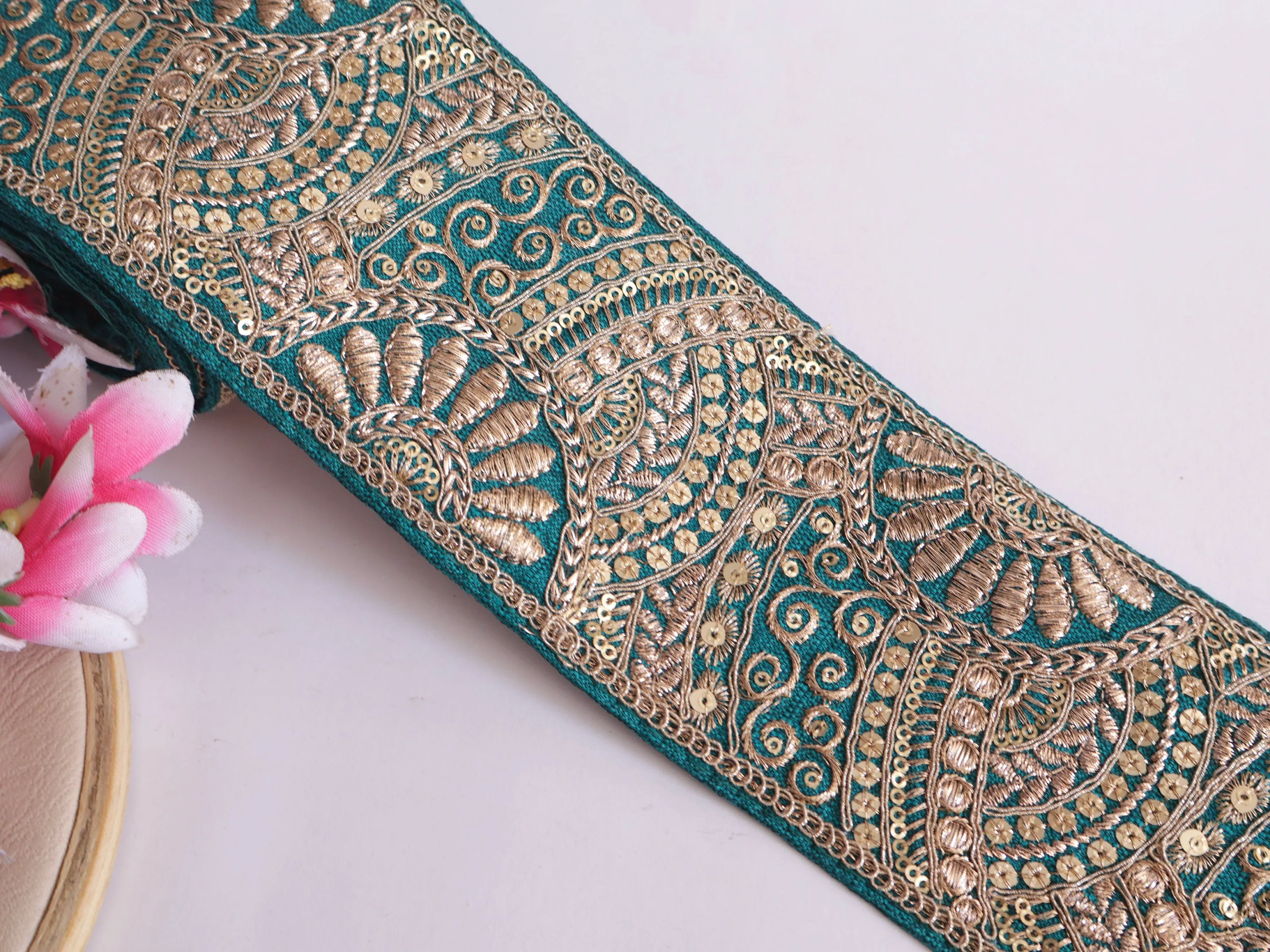 Exquisite Teal Green Thread & Sequin Border Trim - 1 Yard