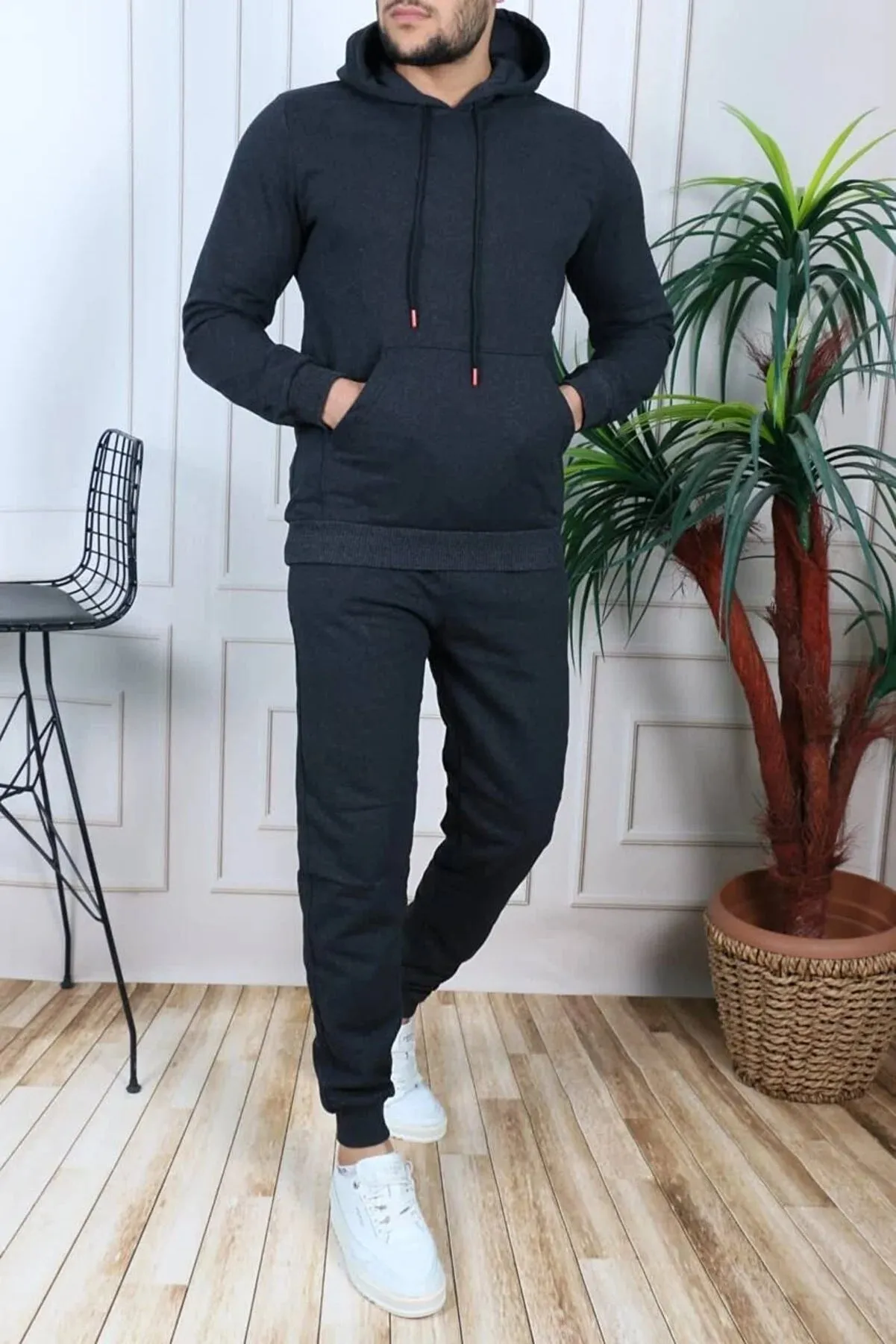 Exsport Men's Anthracite Thread Half Zippered Cotton Inside Winter Tracksuit