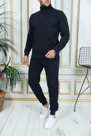 Exsport Men's Dark Navy Blue Thread Half Zippered Cotton Inside Winter Tracksuit