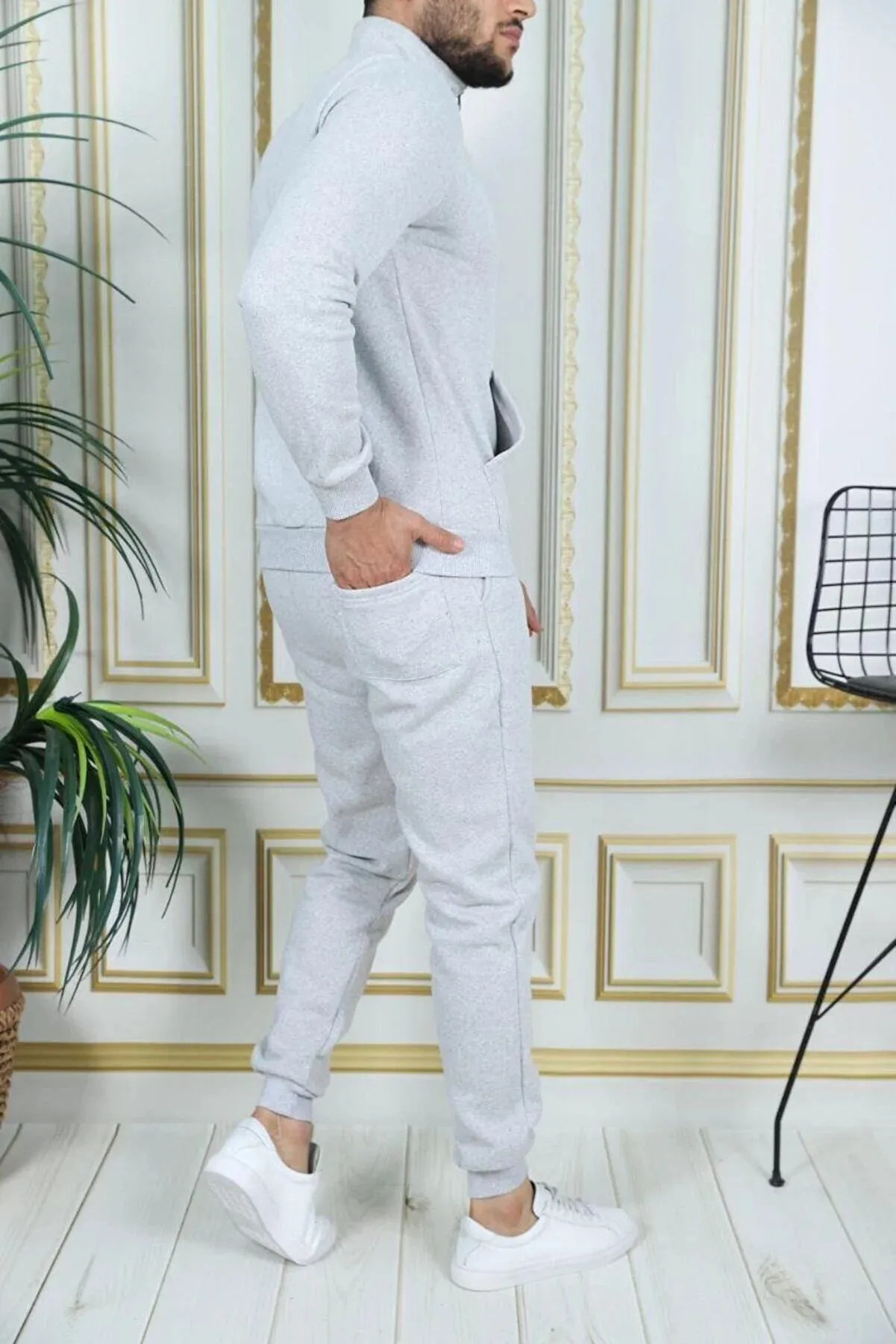 Exsport Men's Grey Melange Thread Half Zippered Cotton Inside Winter Tracksuit