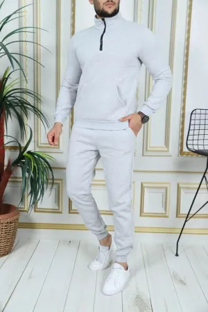 Exsport Men's Grey Melange Thread Half Zippered Cotton Inside Winter Tracksuit
