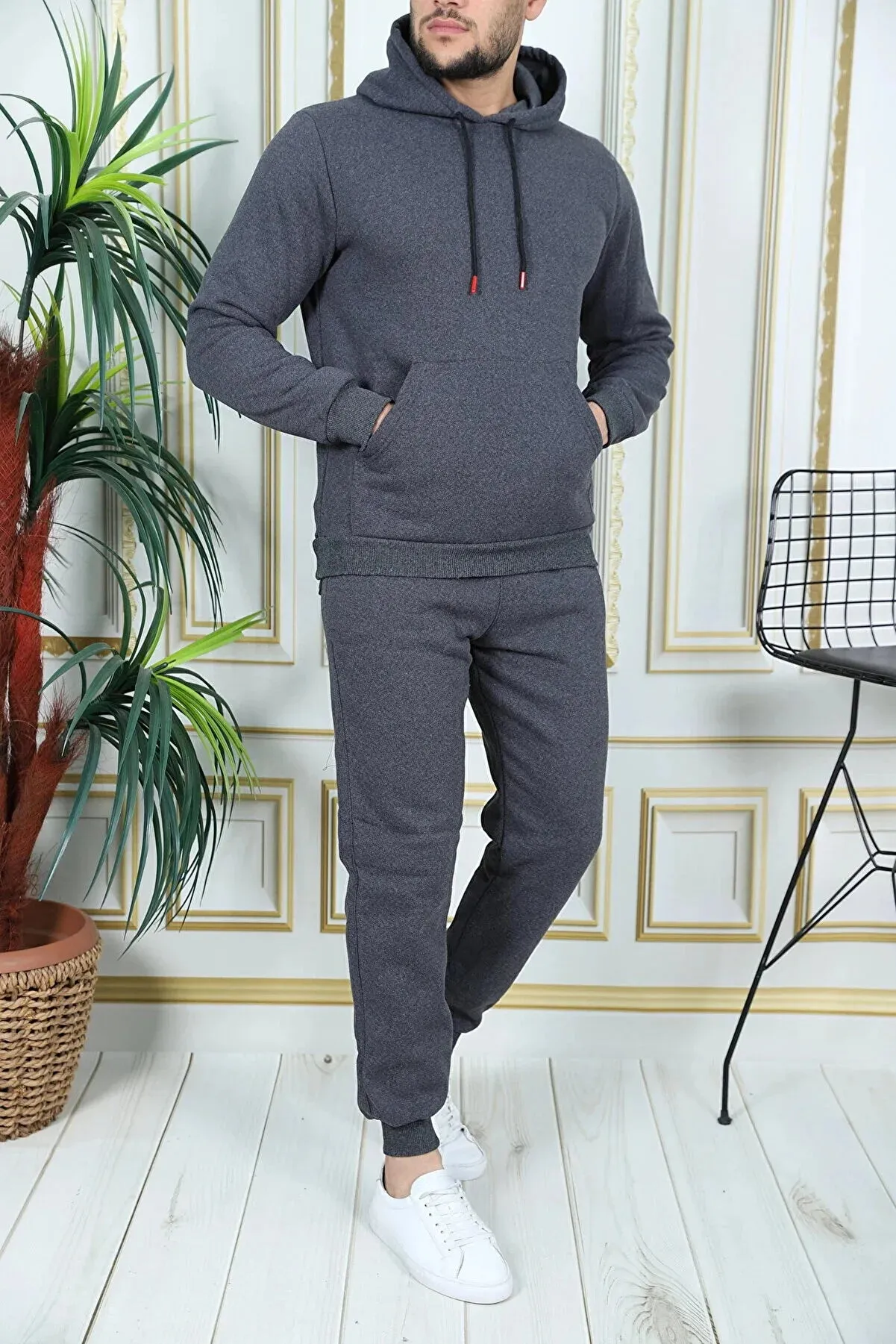 Exsport Men's Smoked Thread Half Zippered Cotton Inside Winter Tracksuit