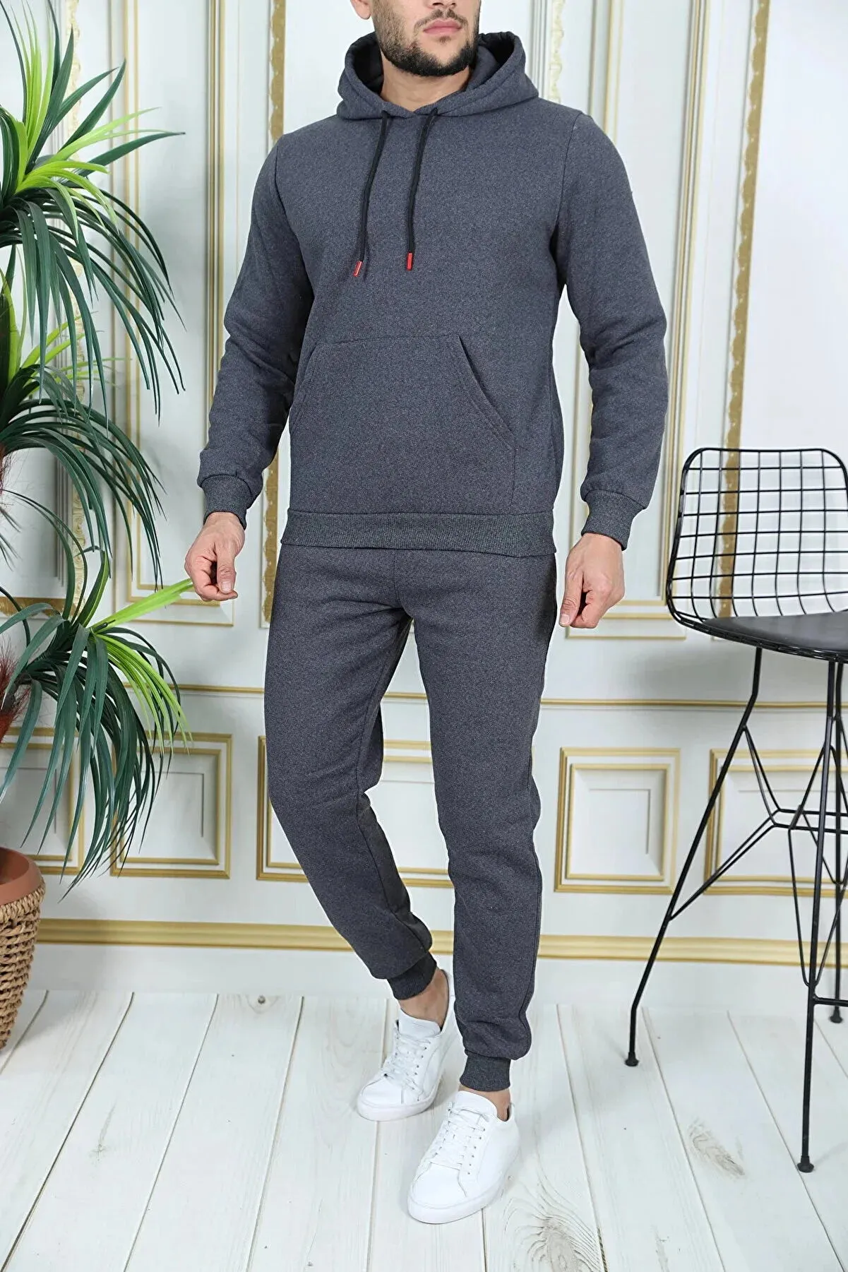 Exsport Men's Smoked Thread Half Zippered Cotton Inside Winter Tracksuit