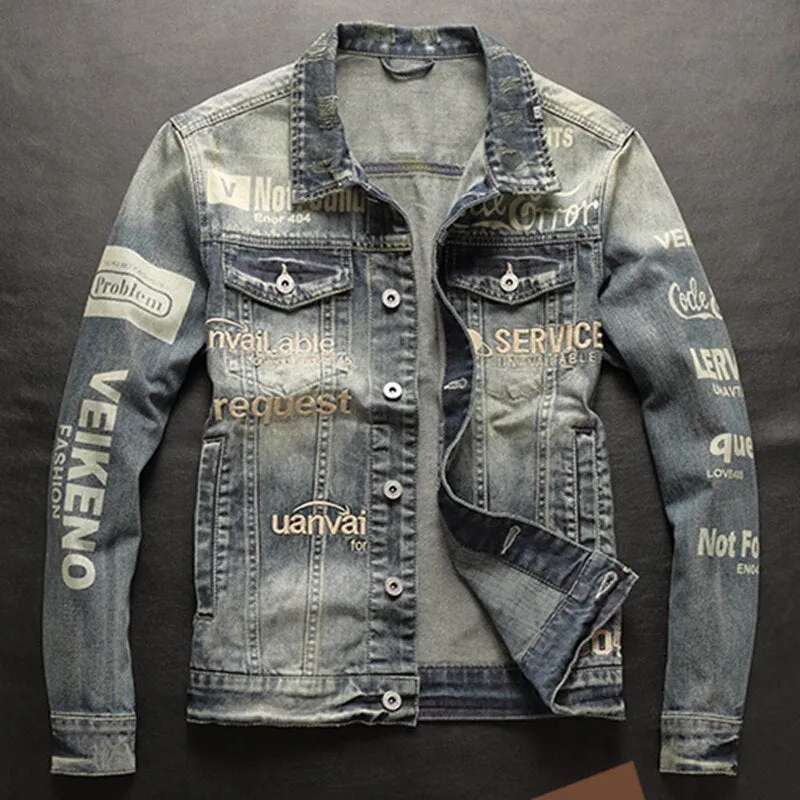 Fall European and American casual print denim jacket male