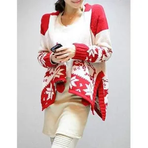 Fashionable Turn-Down Collar Long Sleeve Pattern-Knit Asymmetric Cardigan For Women - Red One Size(fit Size Xs To M)