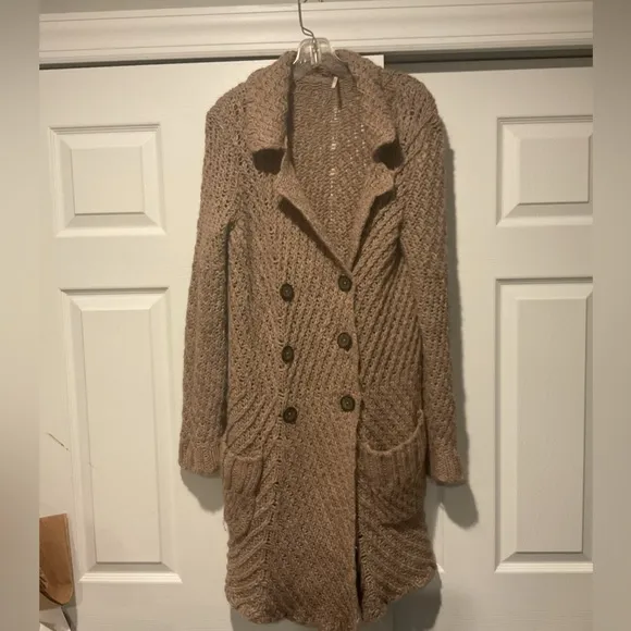 Free People Alpaca Wool Long Knit Cardigan Trench Sweater Coat Duster Jacket, M