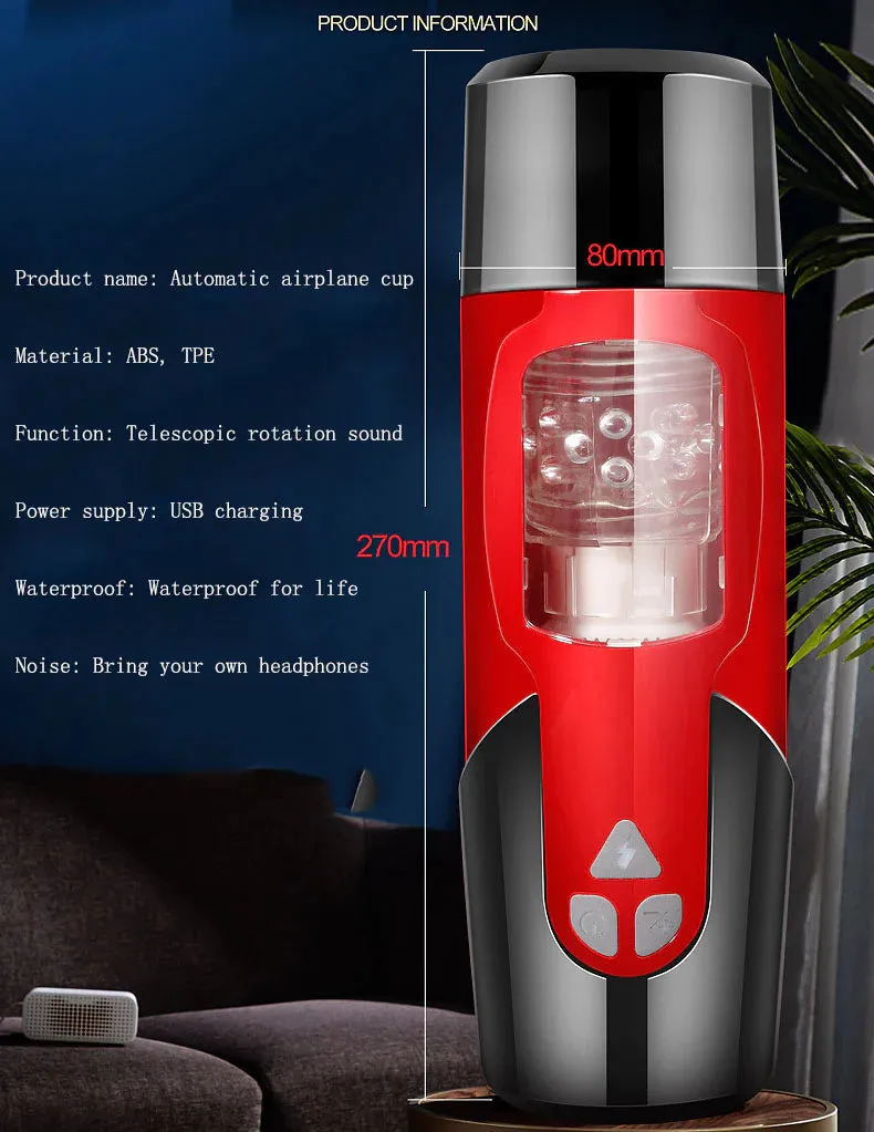 Free telescopic male masturbation cup that rotates into a vaginal vibrator