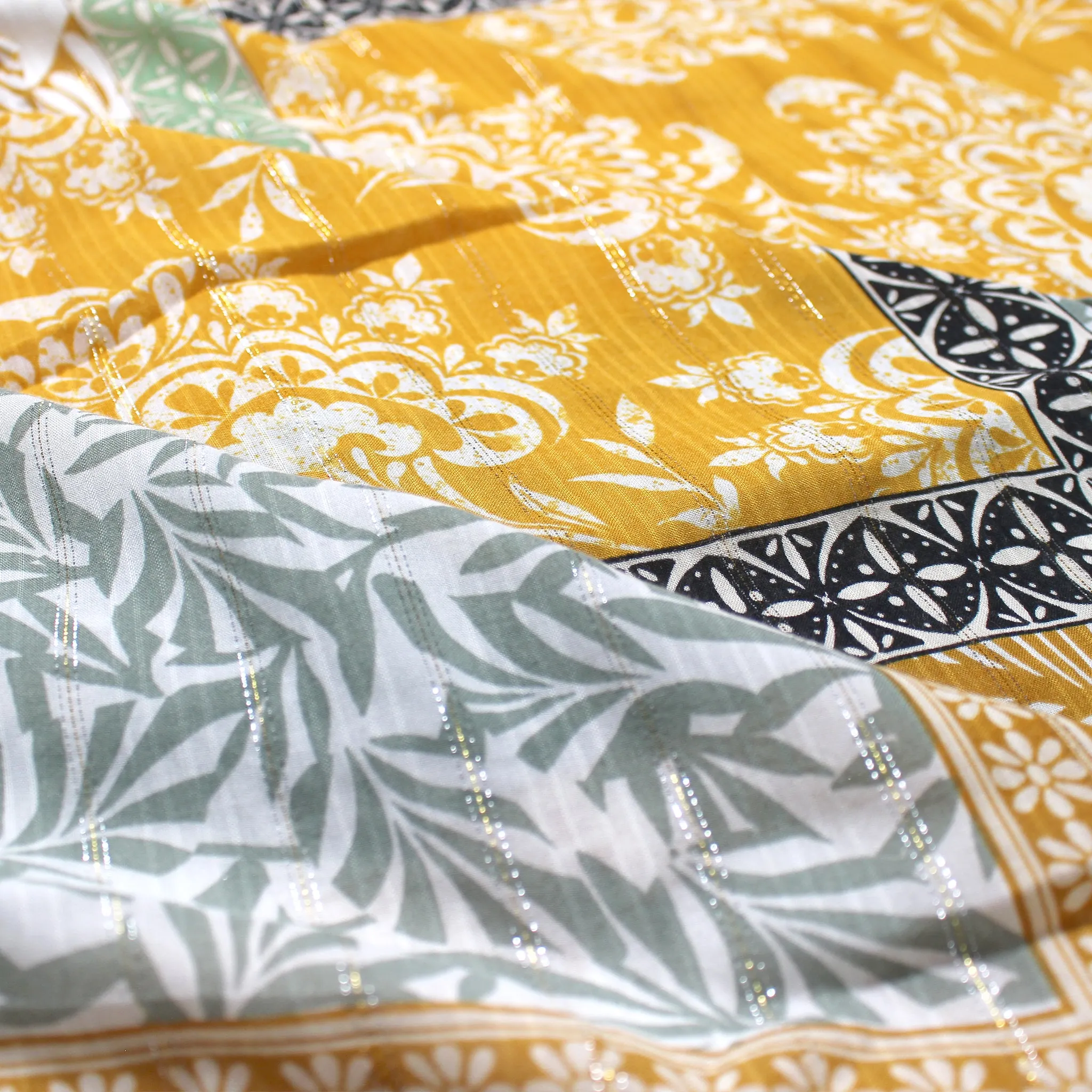 French 'dandelion and sage' boho metallic stripe viscose woven