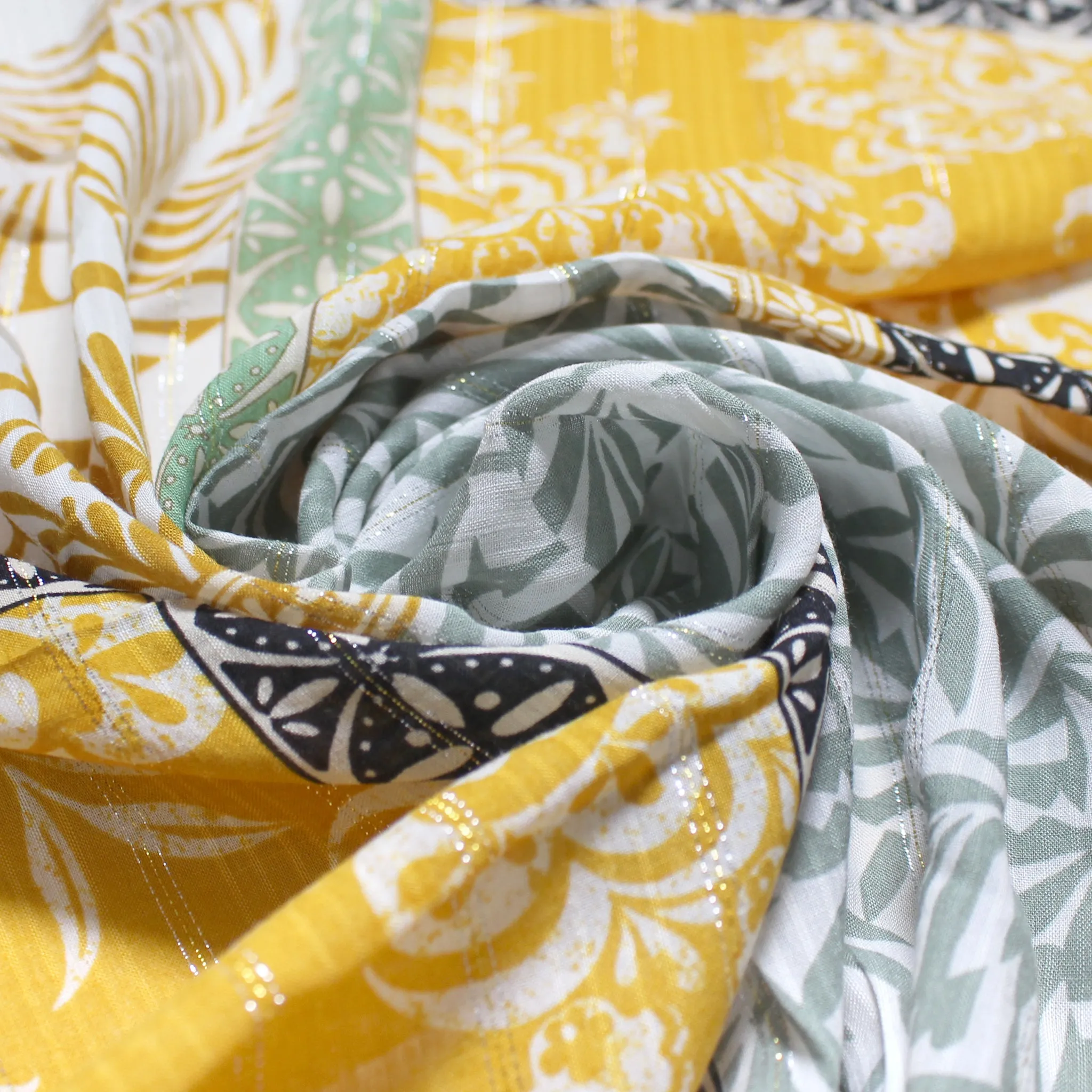 French 'dandelion and sage' boho metallic stripe viscose woven