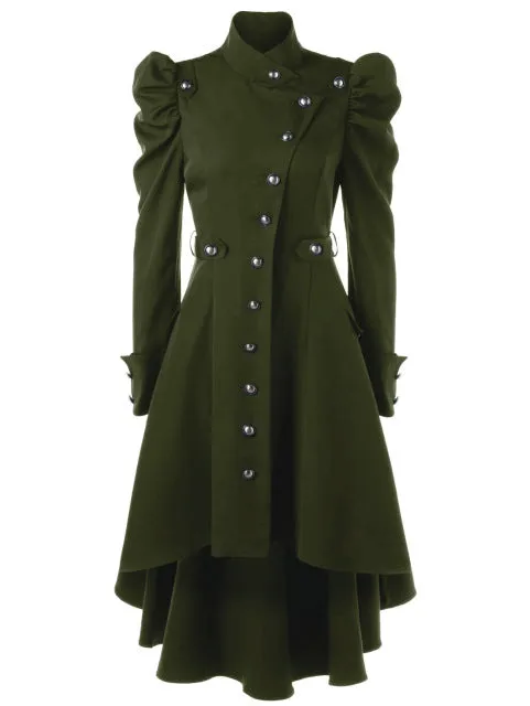 Gamiss Women Winter Puff Shoulder Button Up Dip Hem Trench Coat New Fashion Stand-Up Collar High Waist Outerwear Gothic Coat