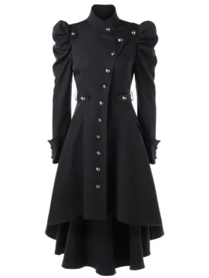 Gamiss Women Winter Puff Shoulder Button Up Dip Hem Trench Coat New Fashion Stand-Up Collar High Waist Outerwear Gothic Coat