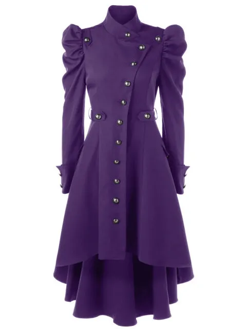 Gamiss Women Winter Puff Shoulder Button Up Dip Hem Trench Coat New Fashion Stand-Up Collar High Waist Outerwear Gothic Coat