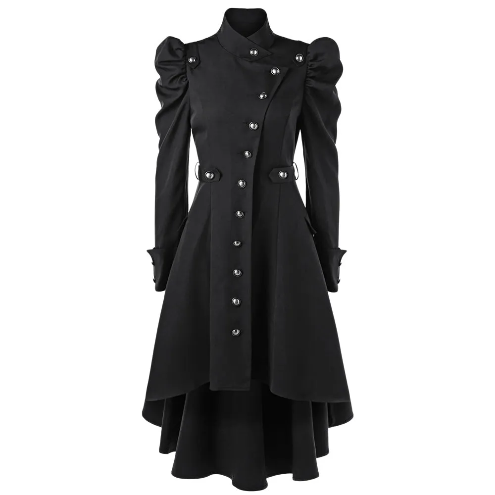 Gamiss Women Winter Puff Shoulder Button Up Dip Hem Trench Coat New Fashion Stand-Up Collar High Waist Outerwear Gothic Coat