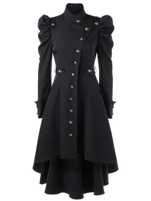 Gamiss Women Winter Puff Shoulder Button Up Dip Hem Trench Coat New Fashion Stand-Up Collar High Waist Outerwear Gothic Coat
