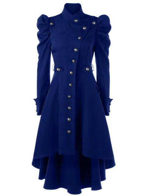 Gamiss Women Winter Puff Shoulder Button Up Dip Hem Trench Coat New Fashion Stand-Up Collar High Waist Outerwear Gothic Coat