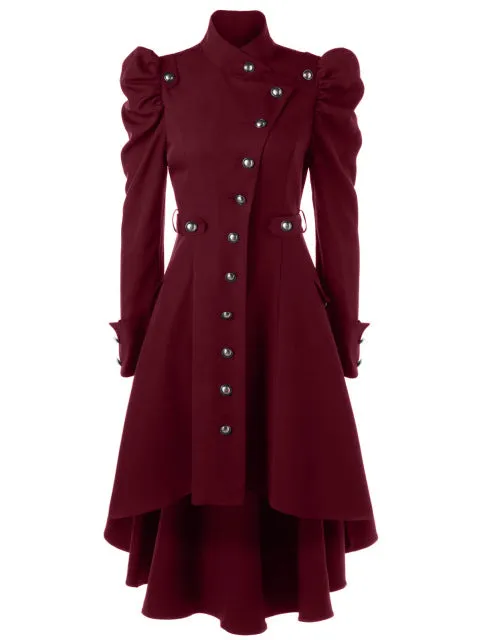 Gamiss Women Winter Puff Shoulder Button Up Dip Hem Trench Coat New Fashion Stand-Up Collar High Waist Outerwear Gothic Coat