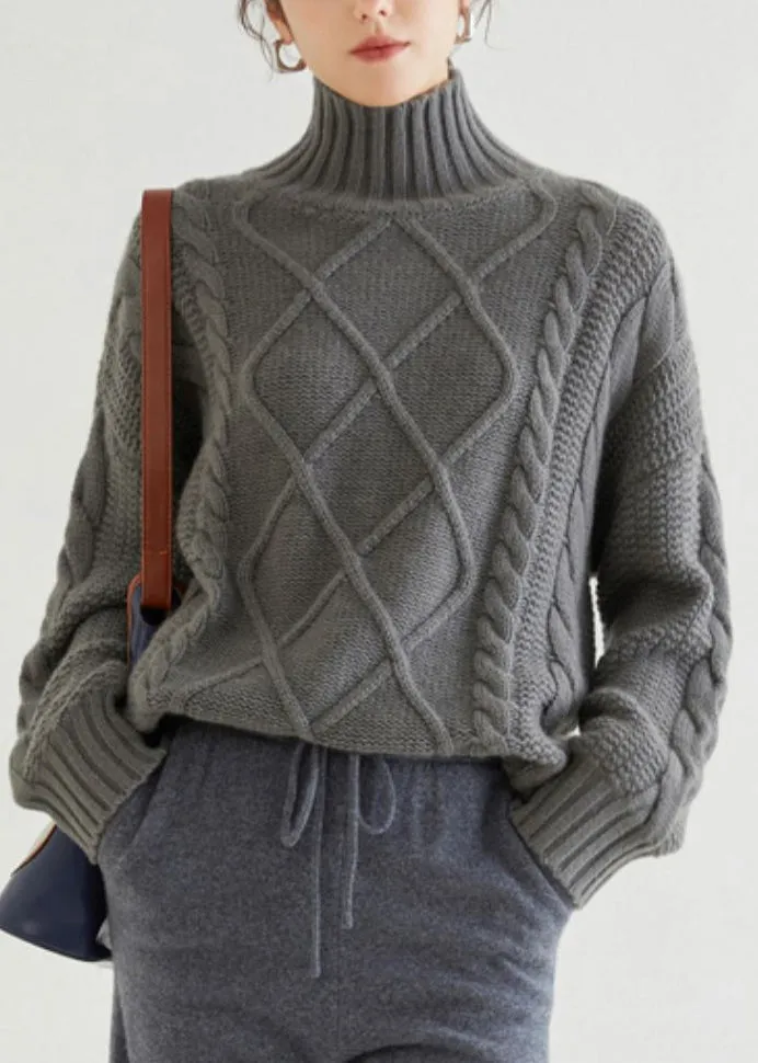 Grey Cozy Cable Cashmere Sweaters Turtleneck Spring YW045