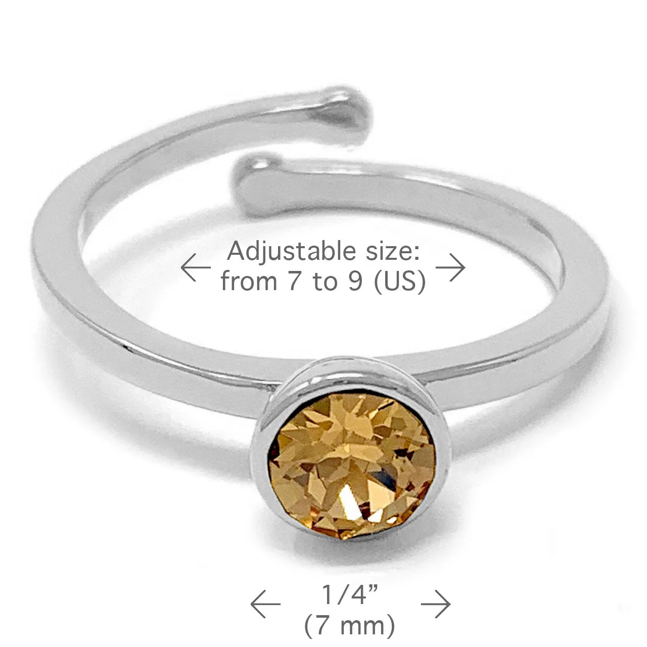 Harley Adjustable Ring with Yellow Brown Light Topaz Round Crystals from Swarovski Silver Toned Rhodium Plated