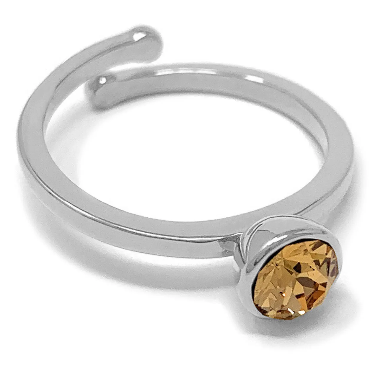 Harley Adjustable Ring with Yellow Brown Light Topaz Round Crystals from Swarovski Silver Toned Rhodium Plated