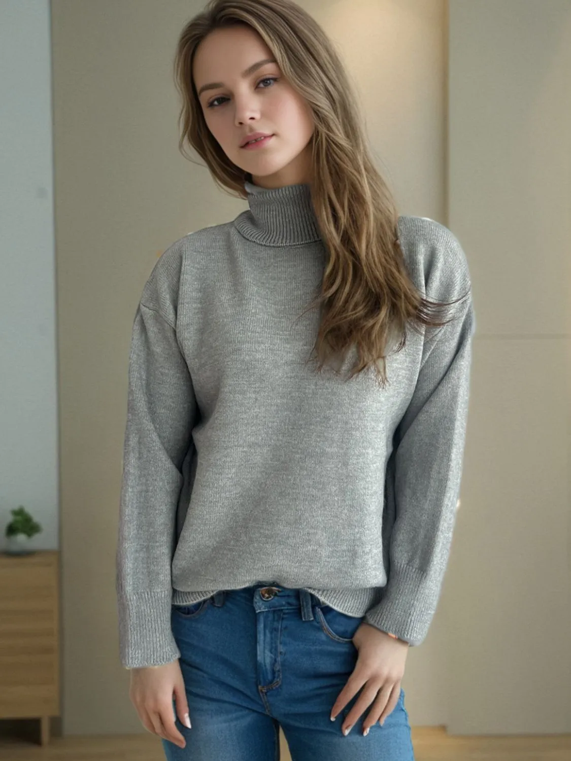 Hazel Blues® |  Turtleneck Dropped Shoulder Long Sleeve Sweater
