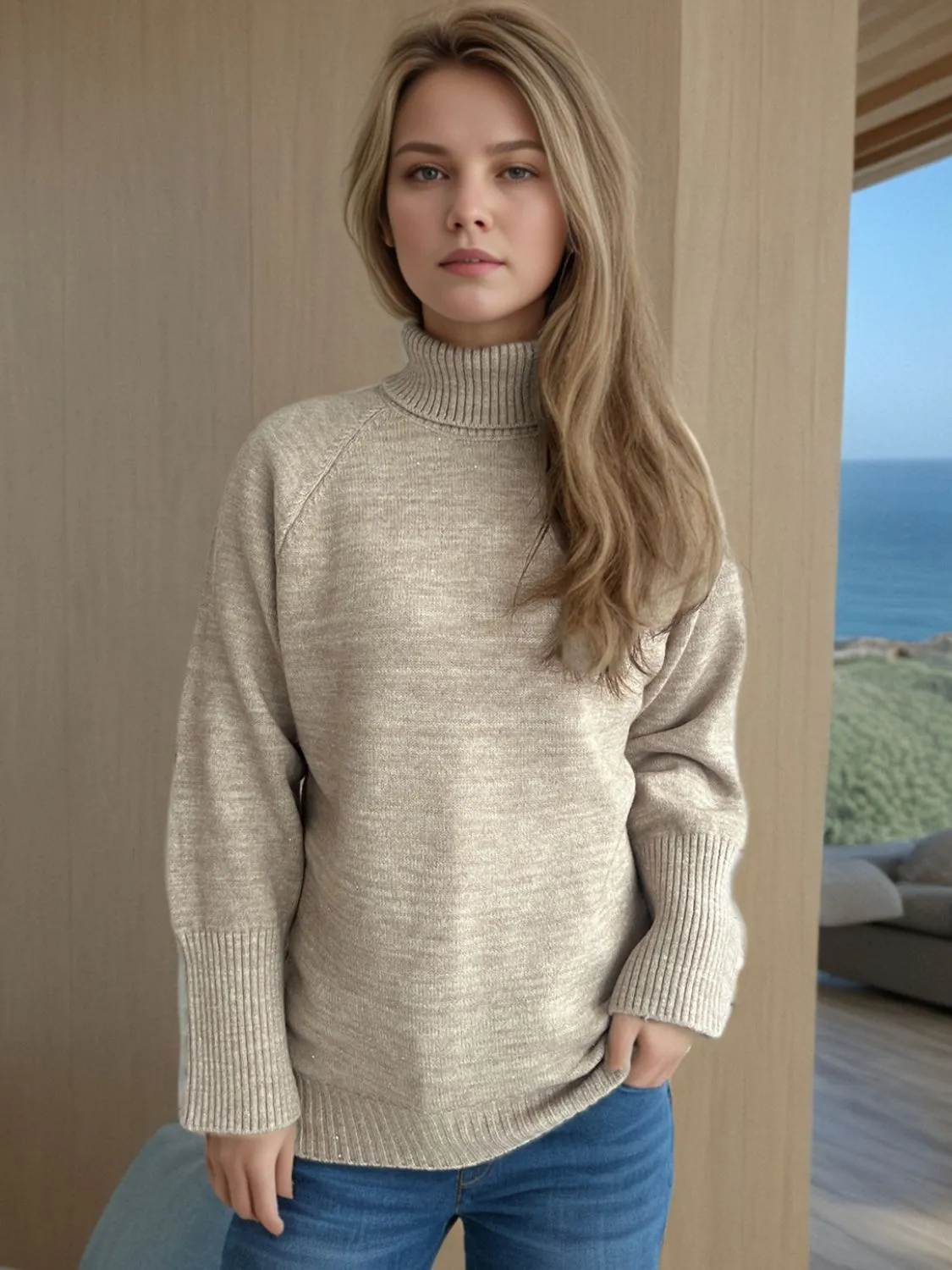Hazel Blues® |  Turtleneck Raglan Sleeve Sweater