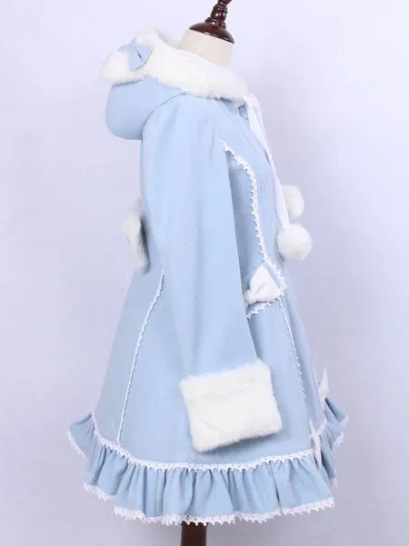 Hooded Lolita Coat Sweet Ruffles Pom Poms Wool Overcoat Bows Long Sleeve Winter Cute Lolita Outwear