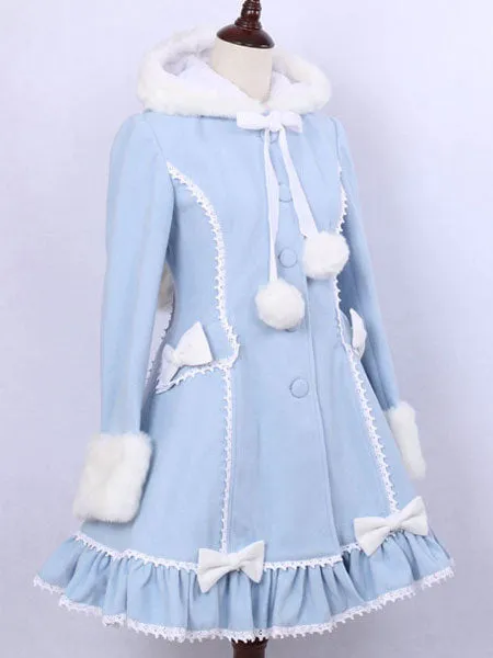 Hooded Lolita Coat Sweet Ruffles Pom Poms Wool Overcoat Bows Long Sleeve Winter Cute Lolita Outwear