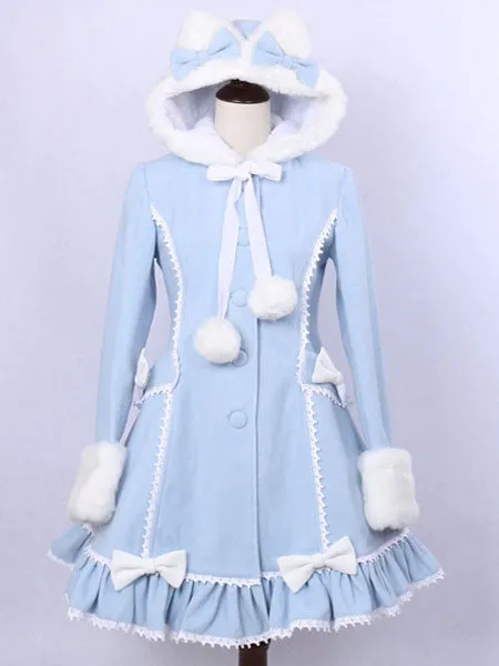 Hooded Lolita Coat Sweet Ruffles Pom Poms Wool Overcoat Bows Long Sleeve Winter Cute Lolita Outwear