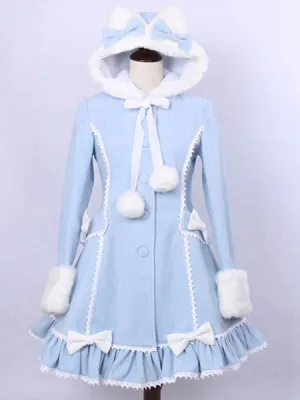 Hooded Lolita Coat Sweet Ruffles Pom Poms Wool Overcoat Bows Long Sleeve Winter Cute Lolita Outwear