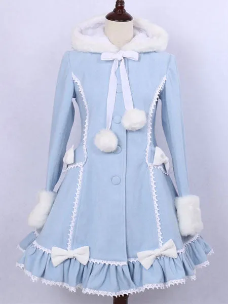 Hooded Lolita Coat Sweet Ruffles Pom Poms Wool Overcoat Bows Long Sleeve Winter Cute Lolita Outwear