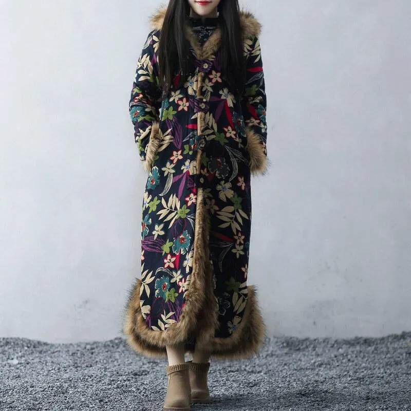 Indian folk Fur Collar Winter Windbreaker Cotton Linen Vintage Coat