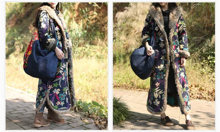 Indian folk Fur Collar Winter Windbreaker Cotton Linen Vintage Coat