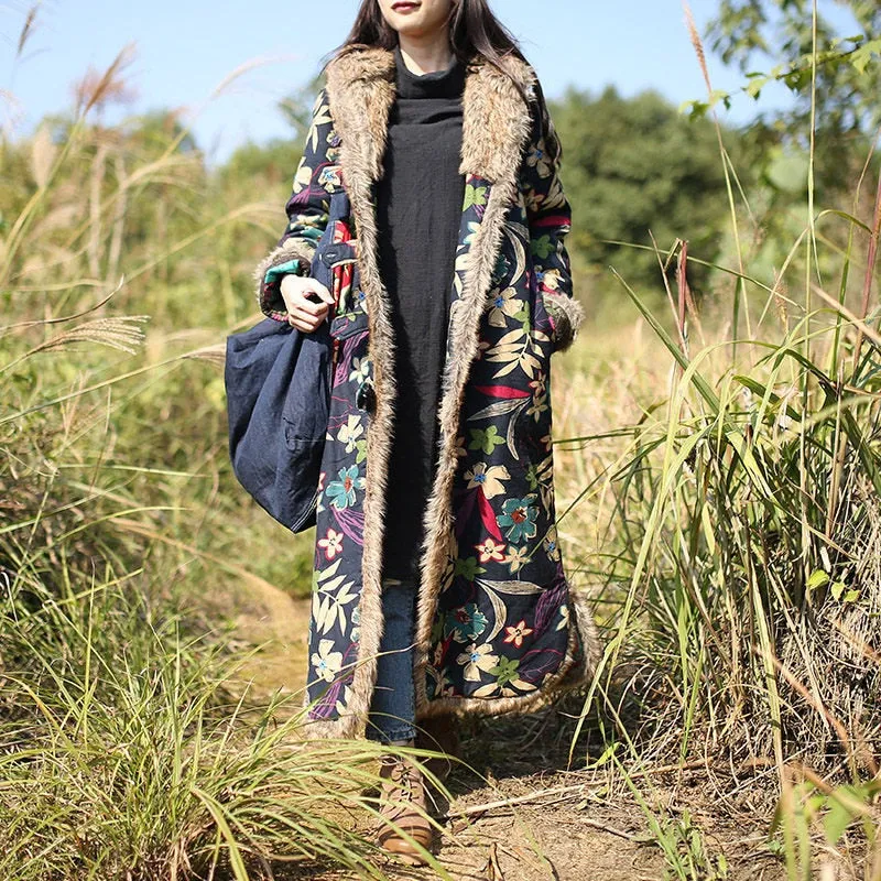 Indian folk Fur Collar Winter Windbreaker Cotton Linen Vintage Coat