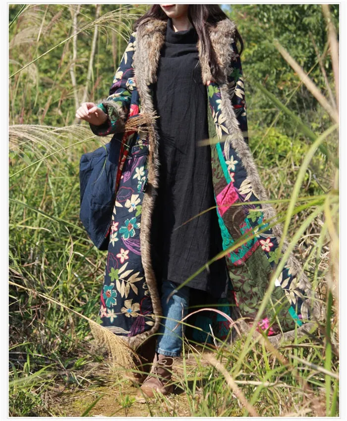 Indian folk Fur Collar Winter Windbreaker Cotton Linen Vintage Coat